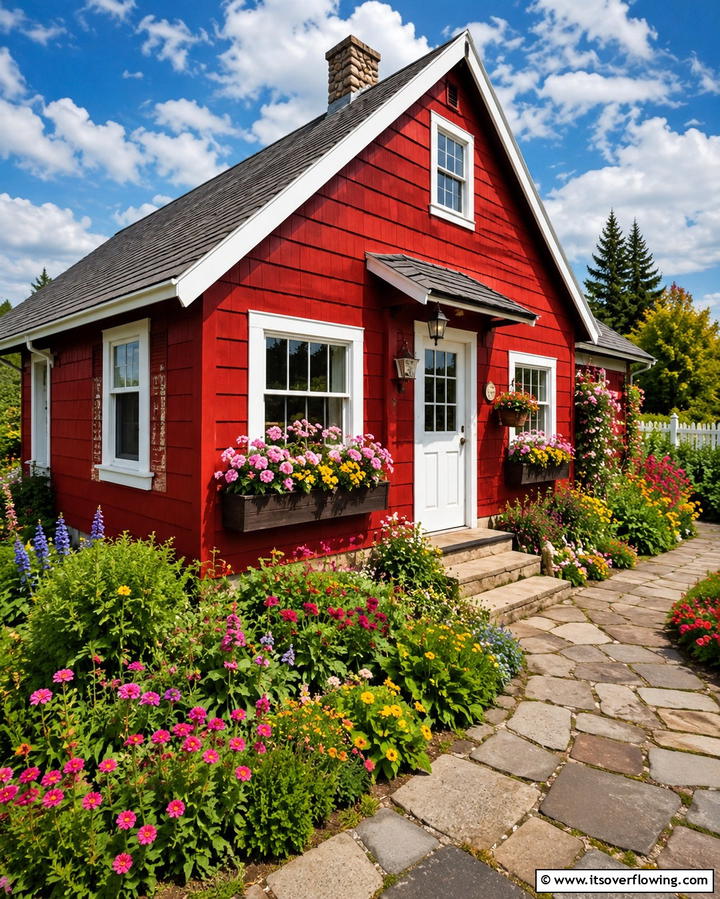 Red Cottage with Flower Boxes - 25 Red Home Exterior Ideas to Boost Curb Appeal