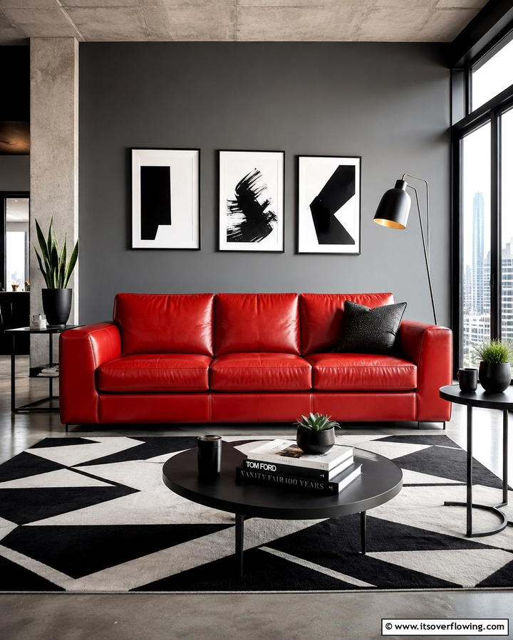 Red Couch Paired with Monochrome Decor - 25 Red Couch Living Room Ideas to Make a Statement