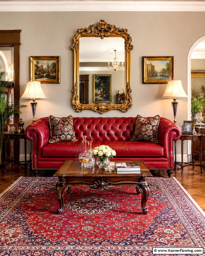 Red Couch in a Vintage Inspired Living Room - 25 Red Couch Living Room Ideas to Make a Statement