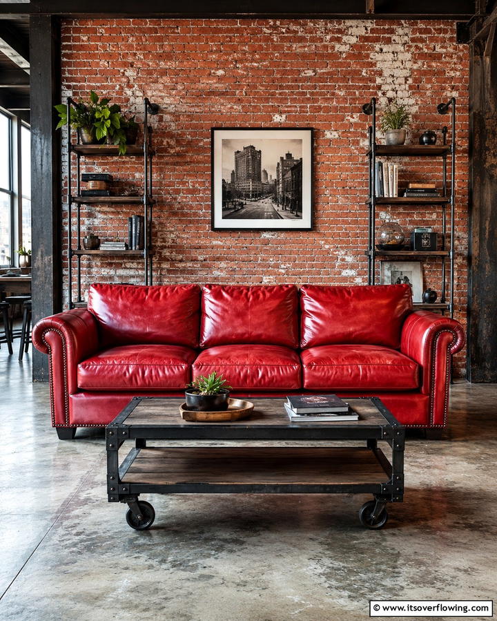 Red Couch in an Industrial Chic Setting - 25 Red Couch Living Room Ideas to Make a Statement