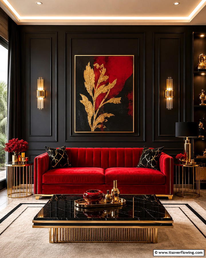 Red Couch with Black and Gold Accents - 25 Red Couch Living Room Ideas to Make a Statement