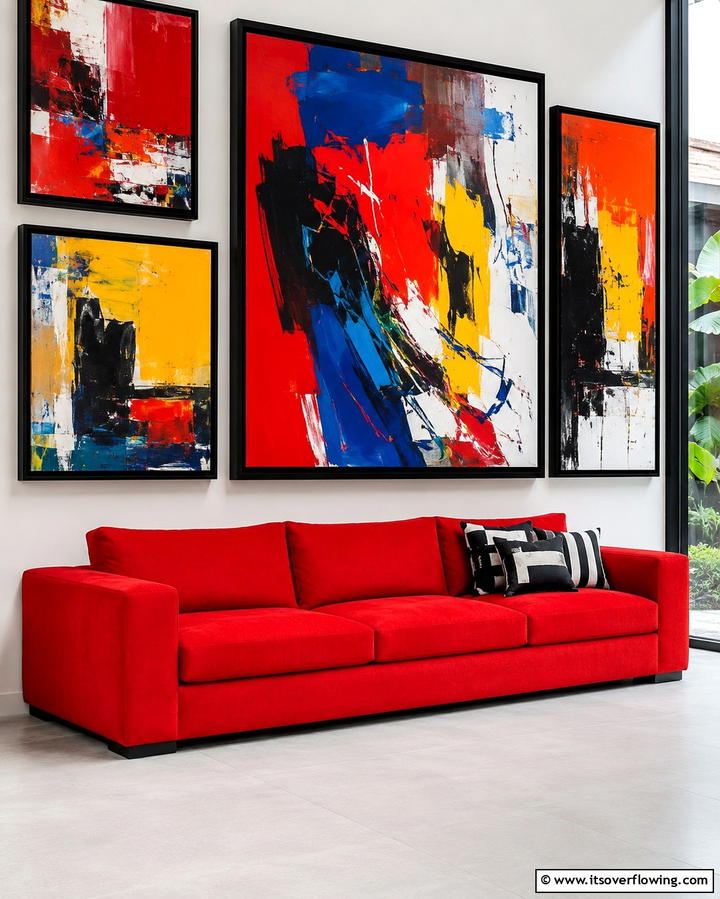 Red Couch with Bold Artworks - 25 Red Couch Living Room Ideas to Make a Statement