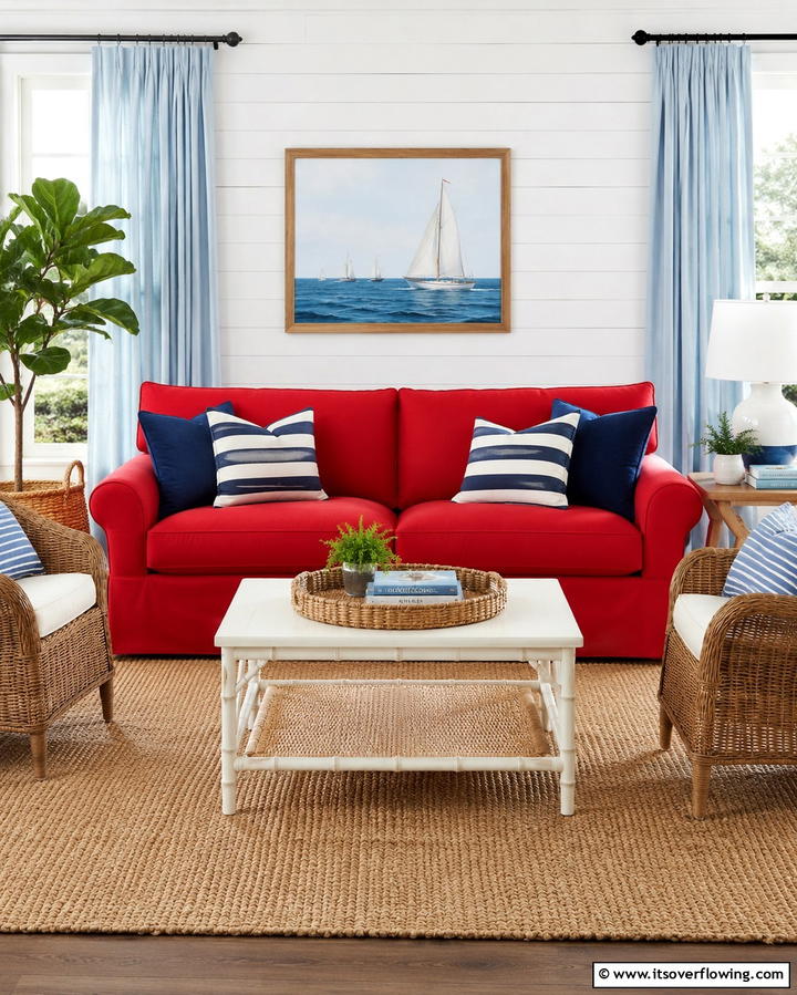 Red Couch with Coastal Decor - 25 Red Couch Living Room Ideas to Make a Statement