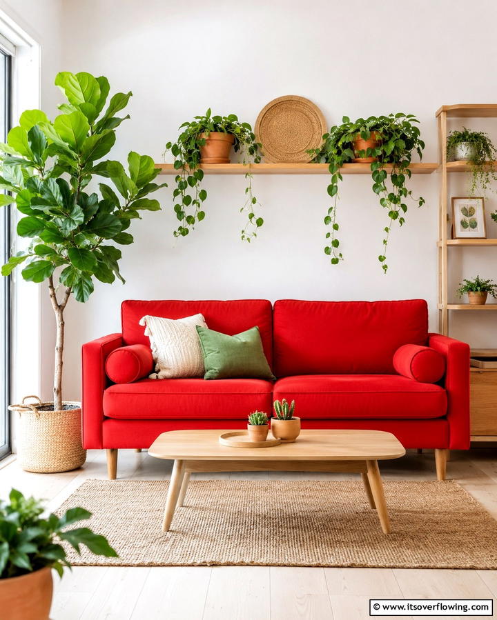 Red Couch with Greenery Accents - 25 Red Couch Living Room Ideas to Make a Statement