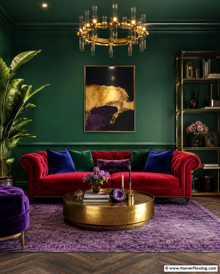 Red Couch with Jewel Toned Accents - 25 Red Couch Living Room Ideas to Make a Statement