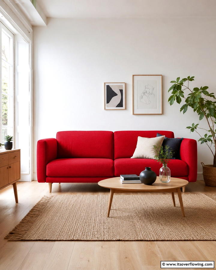 Red Couch with Scandinavian Simplicity - 25 Red Couch Living Room Ideas to Make a Statement