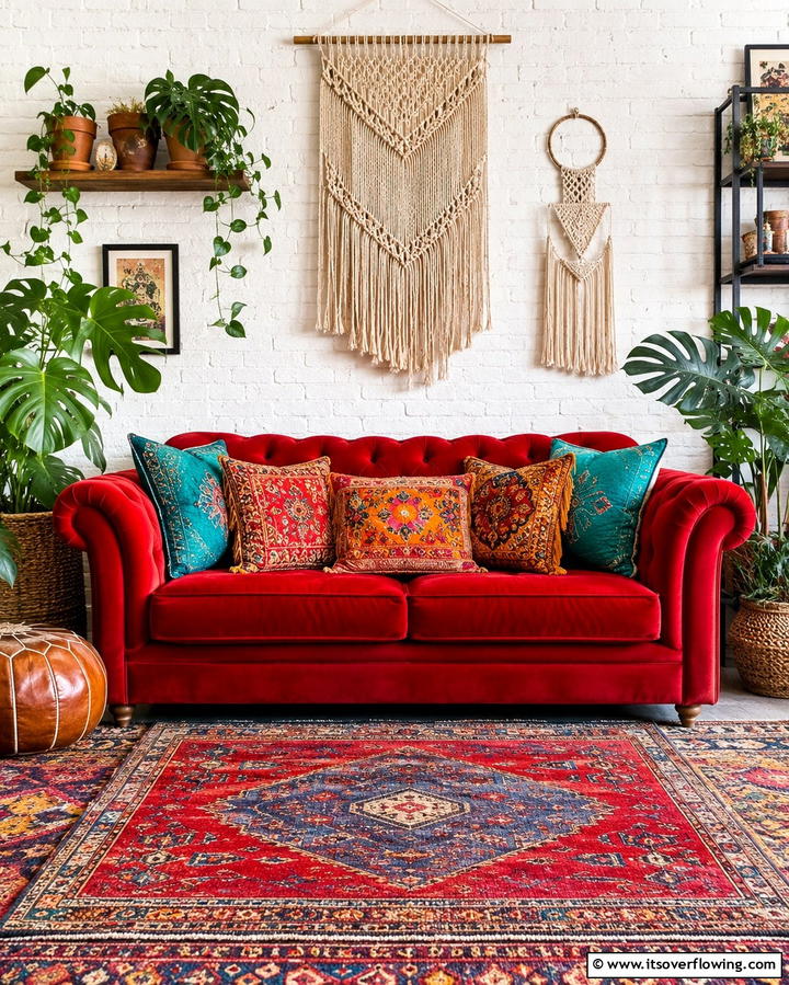 Red Couch with Vibrant Bohemian Accents - 25 Red Couch Living Room Ideas to Make a Statement