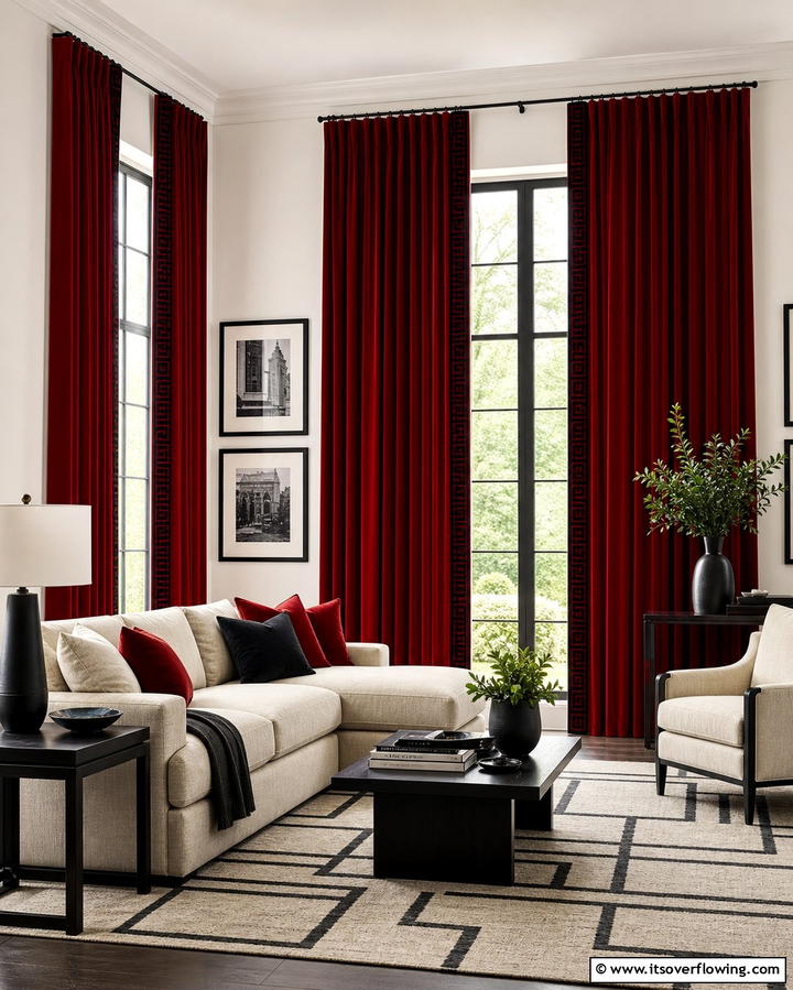 Red Curtains with Black Trims - 25 Black and Red Living Room Ideas for a Dramatic Look