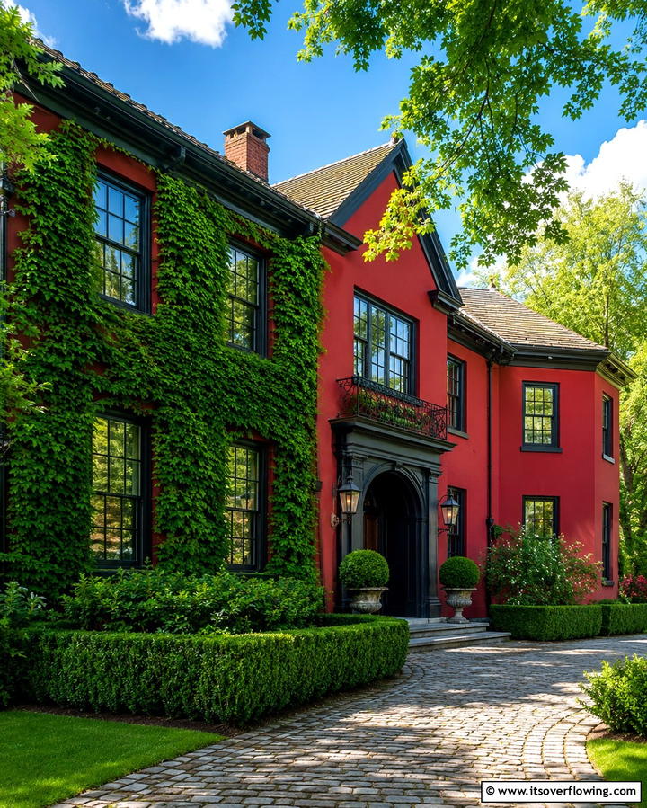 Red Exterior with Greenery Accents - 25 Red Home Exterior Ideas to Boost Curb Appeal