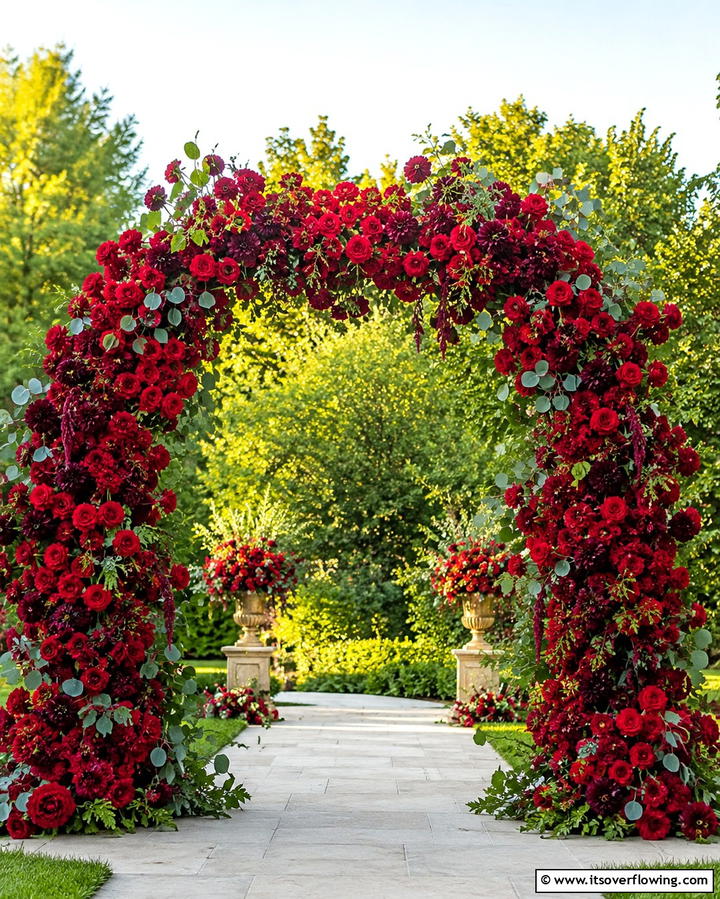 Red Floral ArchwayExact - 30 Red Wedding Theme Ideas for Bold and Romantic Celebrations