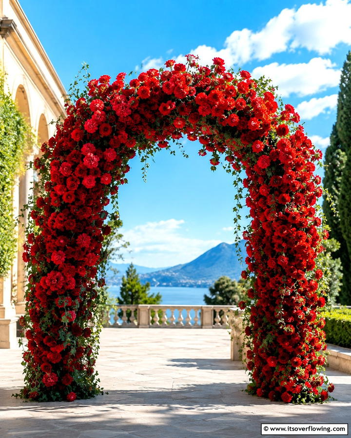 Red Floral ArchwayOne - 30 Red Wedding Theme Ideas for Bold and Romantic Celebrations