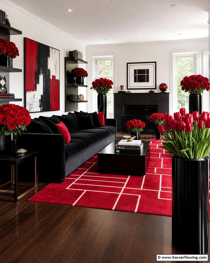 Red Floral Arrangements - 25 Black and Red Living Room Ideas for a Dramatic Look