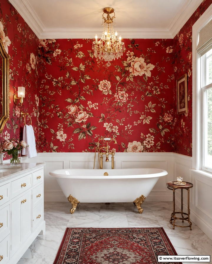 Red Floral WallpaperOne - 25 Red Bathroom Ideas for a Luxurious Feel