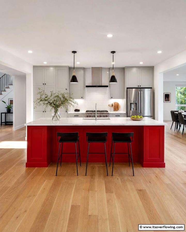 Red Island with Black Bar Stools - 25 Red and Black Kitchen Ideas for a Bold Look