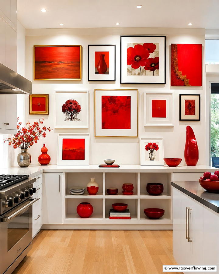 Red Kitchen Artwork Display - 30 Bold Red Kitchen Ideas for a Vibrant Cooking Space
