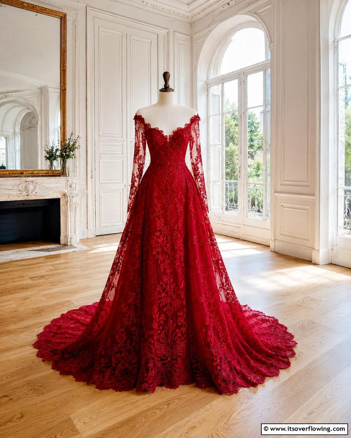 Red Lace Wedding Dress - 30 Red Wedding Theme Ideas for Bold and Romantic Celebrations