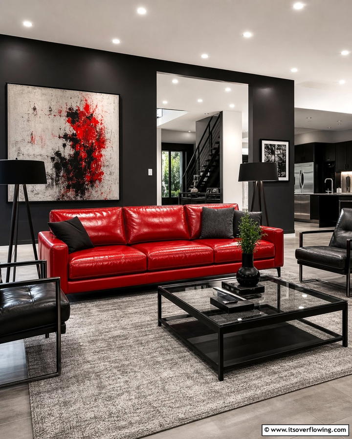 Red Leather Sofas - 25 Black and Red Living Room Ideas for a Dramatic Look