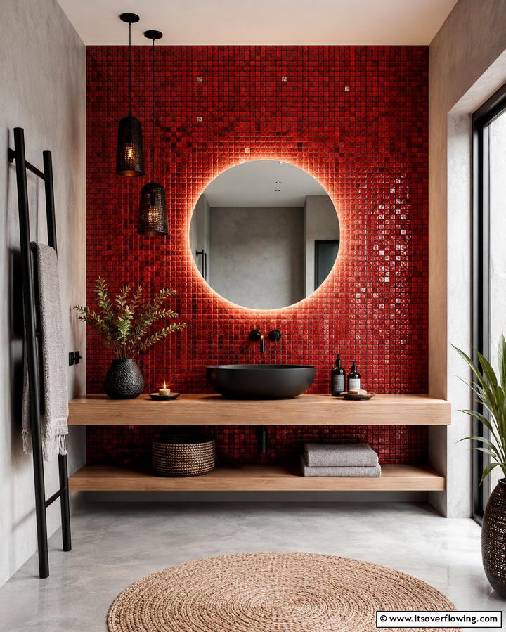 Red Mosaic Backsplash - 25 Red Bathroom Ideas for a Luxurious Feel
