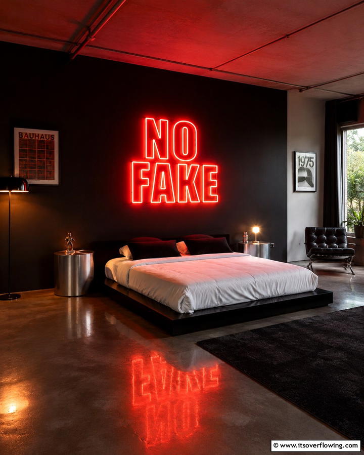 Red Neon Signs with Black Walls - 25 Red and Black Bedroom Ideas for a Dramatic Look