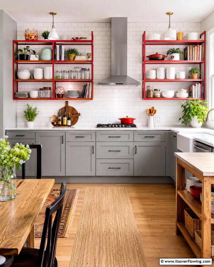 Red Open Shelving Display - 30 Bold Red Kitchen Ideas for a Vibrant Cooking Space