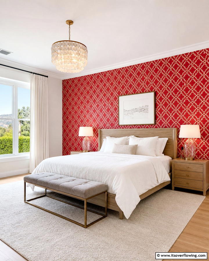 Red Patterned Wallpaper - 25 Red Bedroom Ideas to Transform Your Space