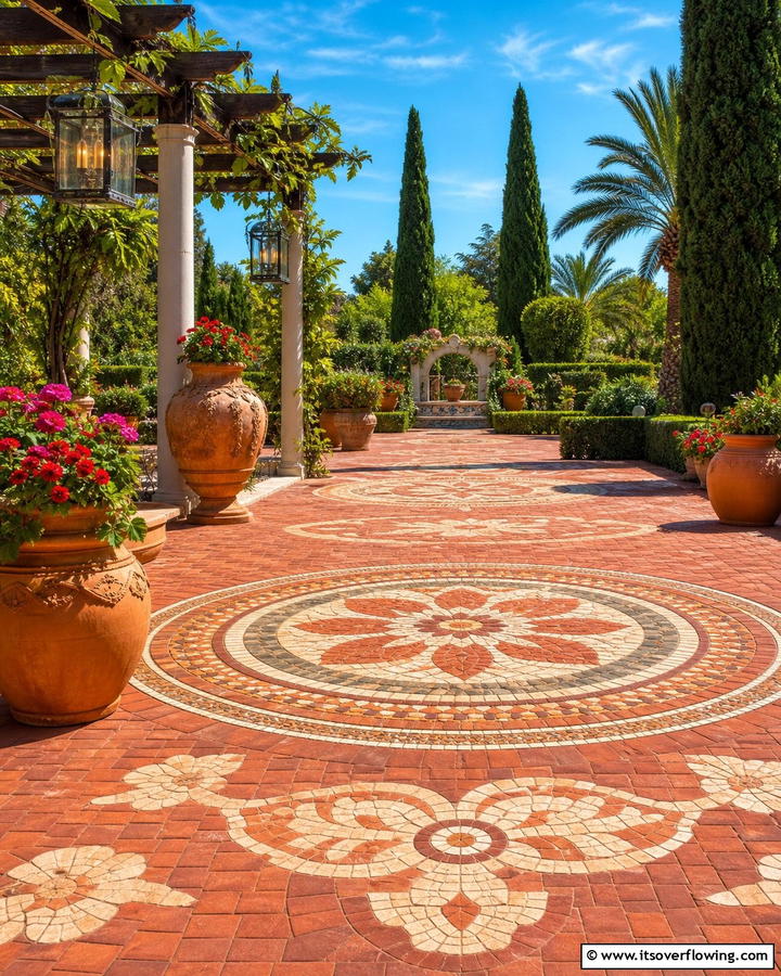 Red Paver Patio with Mosaic Design - 20 Red Paver Patio Ideas for Stunning Outdoor Spaces