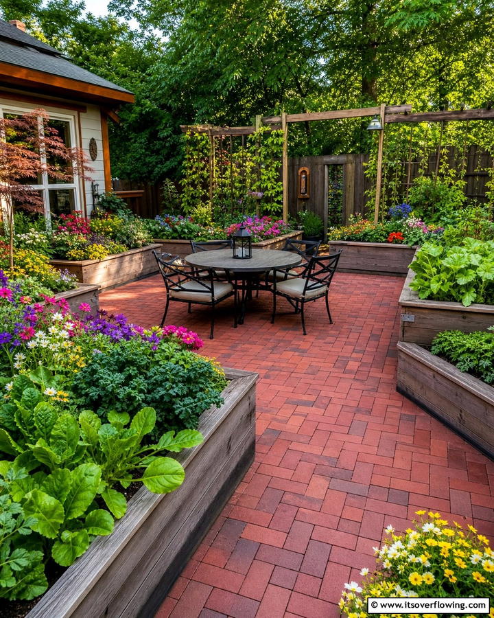 Red Paver Patio with Raised Garden Beds - 20 Red Paver Patio Ideas for Stunning Outdoor Spaces