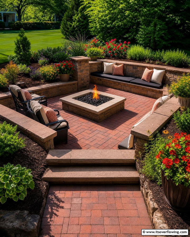 Red Paver Patio with Sunken Design - 20 Red Paver Patio Ideas for Stunning Outdoor Spaces
