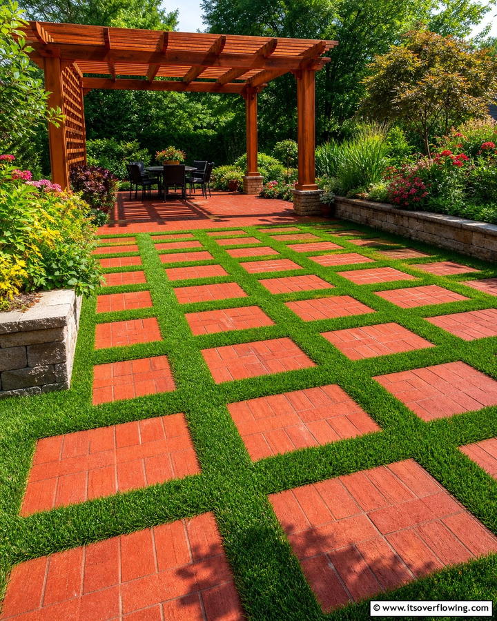 Red Pavers with Grass Inlays - 20 Red Paver Patio Ideas for Stunning Outdoor Spaces