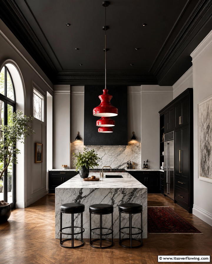 Red Pendant Lights with Black Ceiling - 25 Red and Black Kitchen Ideas for a Bold Look