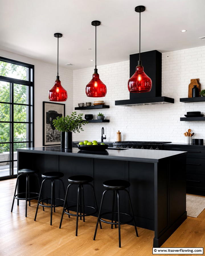 Red Pendant Lights with Black Fixtures - 25 Red and Black Kitchen Ideas for a Bold Look