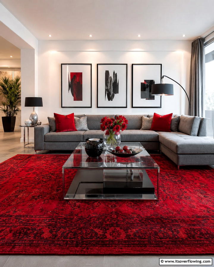 Red Rug for a Bold Accent - 20 Perfect Rug Colors to Pair with a Grey Couch for Any Room