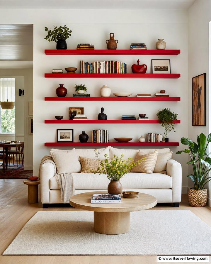 Red Shelves to Showcase Decor - 17 Red Living Room Ideas for Dramatic Modern Interiors
