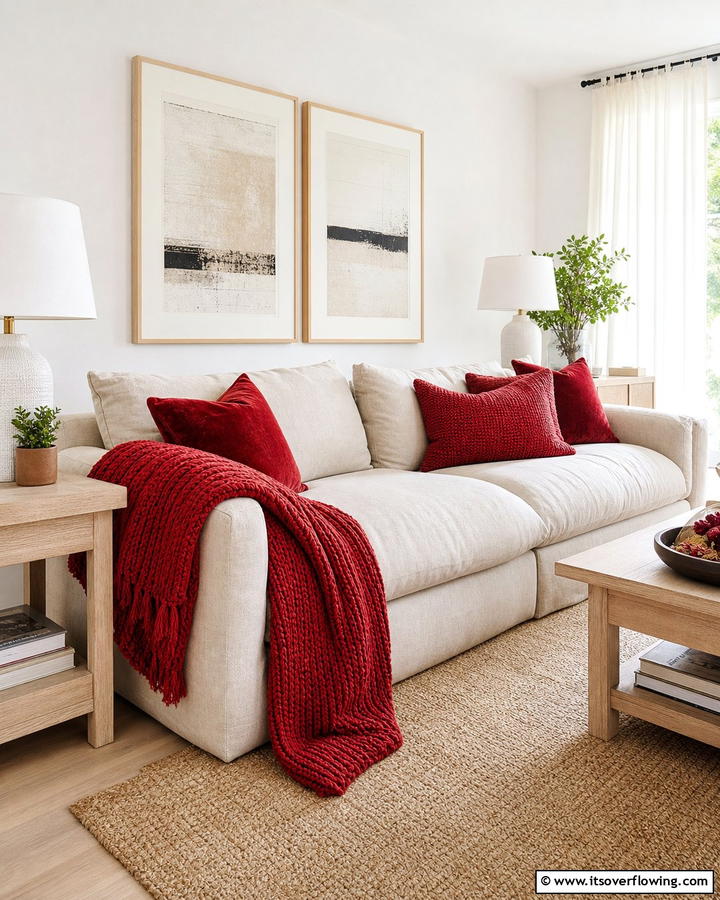 Red Throws and Pillows on a Neutral Sofa - 17 Red Living Room Ideas for Dramatic Modern Interiors