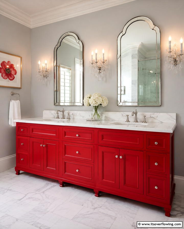 Red Vanity with Marble Countertop - 25 Red Bathroom Ideas for a Luxurious Feel