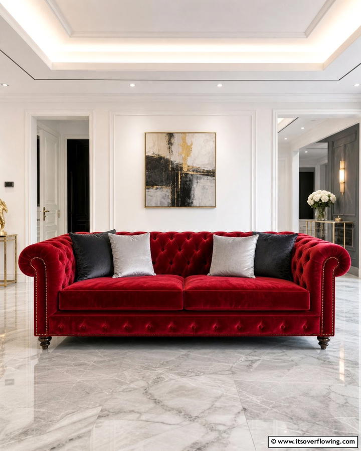 Red Velvet Sofa with Grey Cushions - 25 Red and Grey Living Room Ideas for a Modern Touch