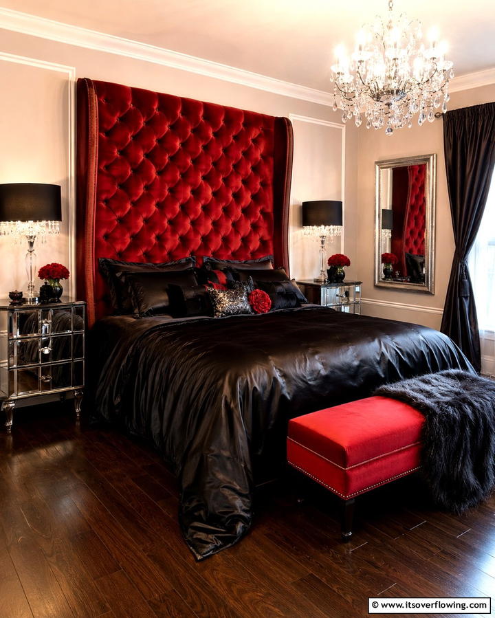 Red Velvet Upholstered Headboard - 25 Red and Black Bedroom Ideas for a Dramatic Look