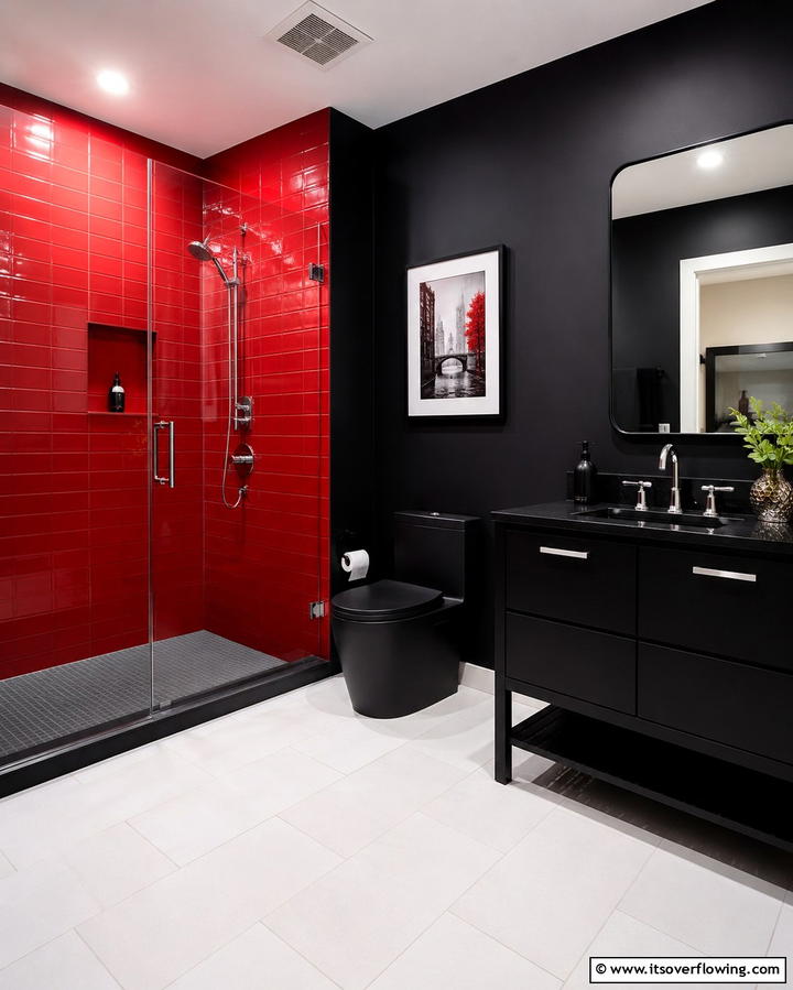 Red and Black Contrast - 25 Red Bathroom Ideas for a Luxurious Feel