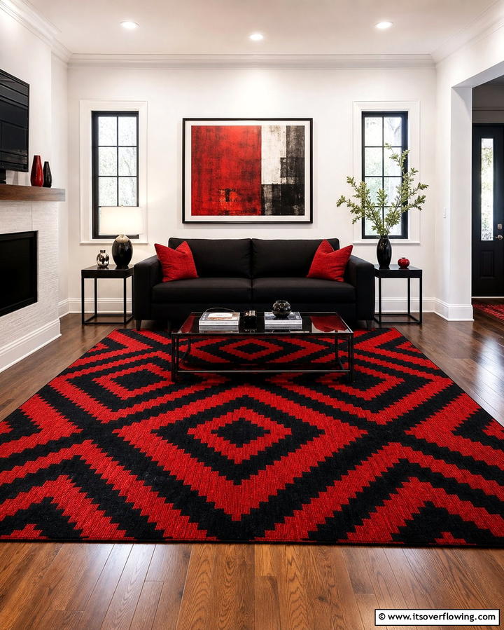 Red and Black Geometric Rugs - 25 Black and Red Living Room Ideas for a Dramatic Look