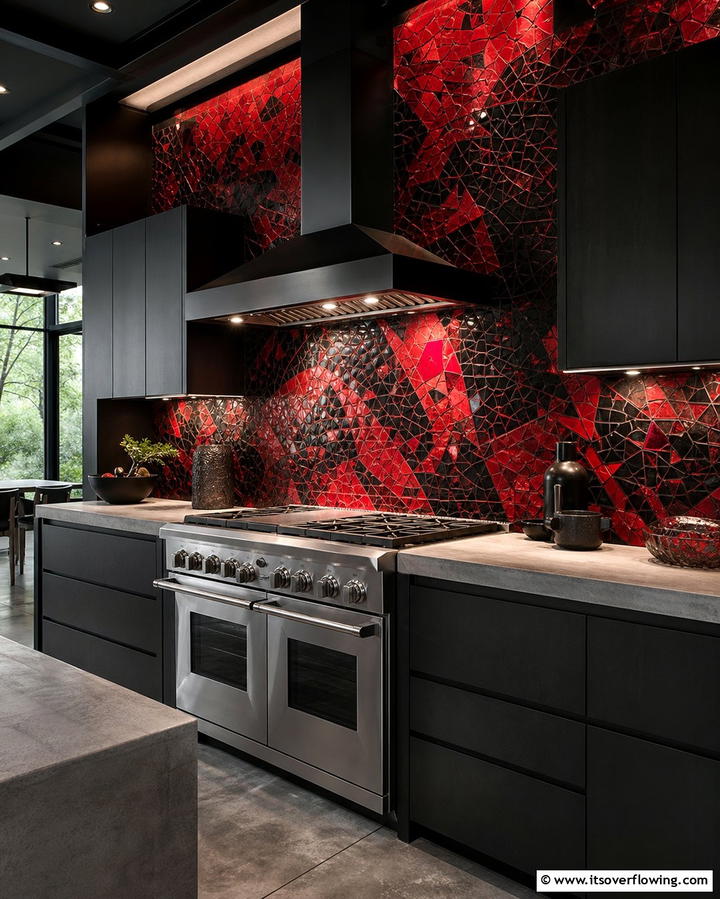 Red and Black Mosaic Tile Accent Wall - 25 Red and Black Kitchen Ideas for a Bold Look