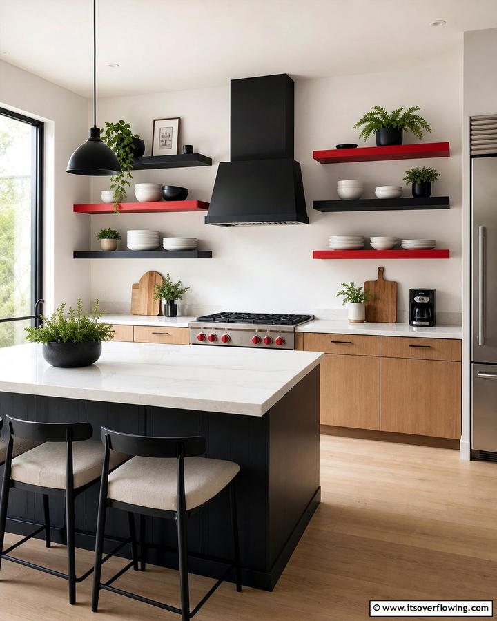 Red and Black Open Shelving - 25 Red and Black Kitchen Ideas for a Bold Look