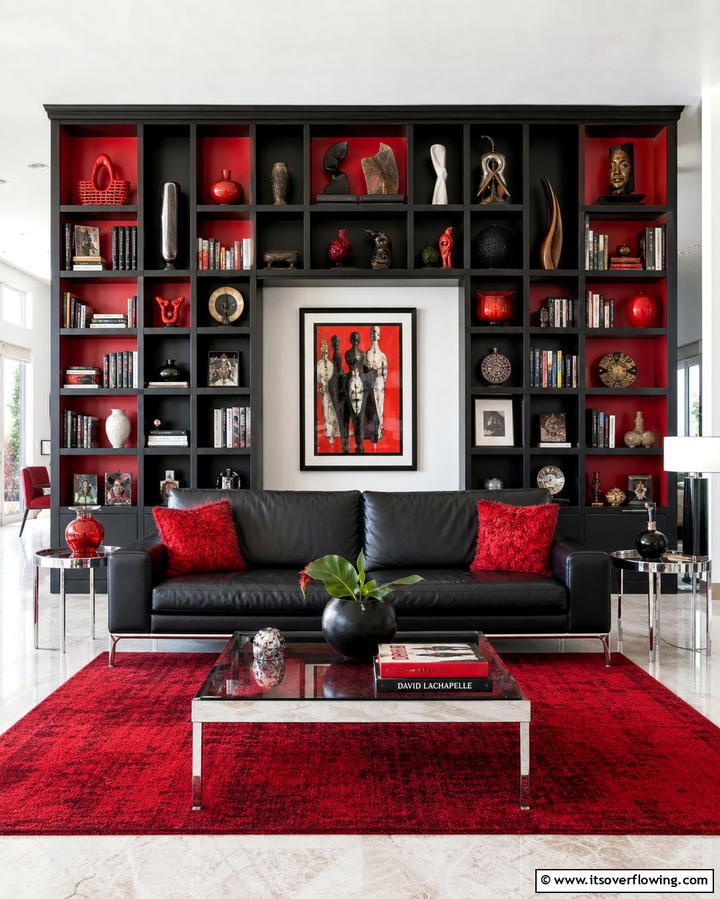 Red and Black Shelving Units - 25 Black and Red Living Room Ideas for a Dramatic Look