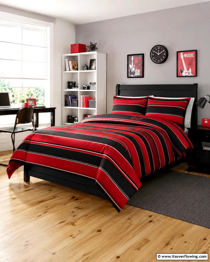 Red and Black Striped Bedding - 25 Red and Black Bedroom Ideas for a Dramatic Look