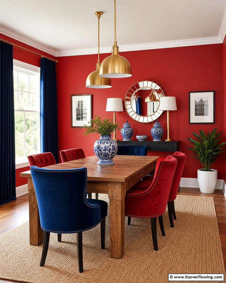 Red and Blue Contrast - 20 Red Dining Room Ideas for a Bold and Vibrant Space