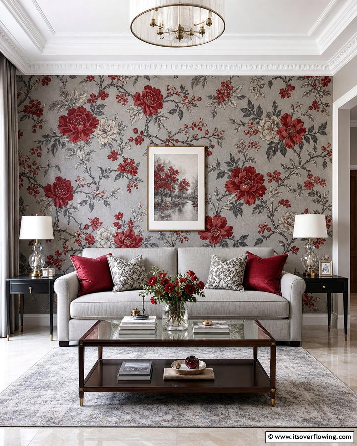 Red and Grey Floral Patterns - 25 Red and Grey Living Room Ideas for a Modern Touch