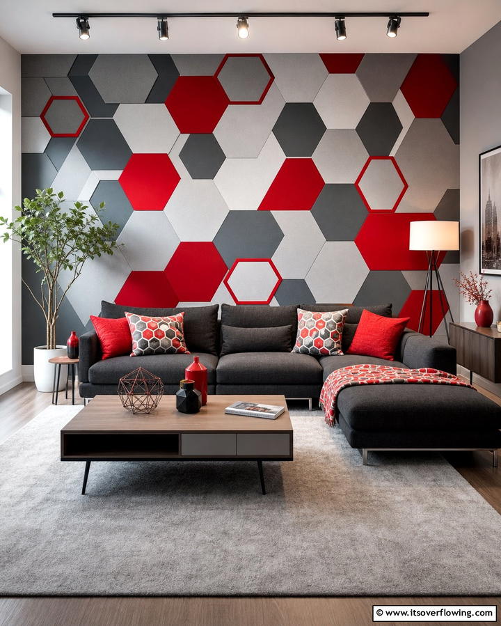Red and Grey Geometric Patterns - 25 Red and Grey Living Room Ideas for a Modern Touch