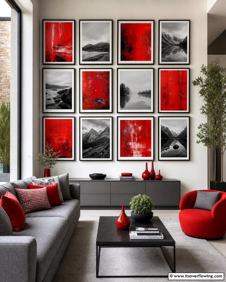 Red and Grey Living Room Gallery Wall - 25 Red and Grey Living Room Ideas for a Modern Touch