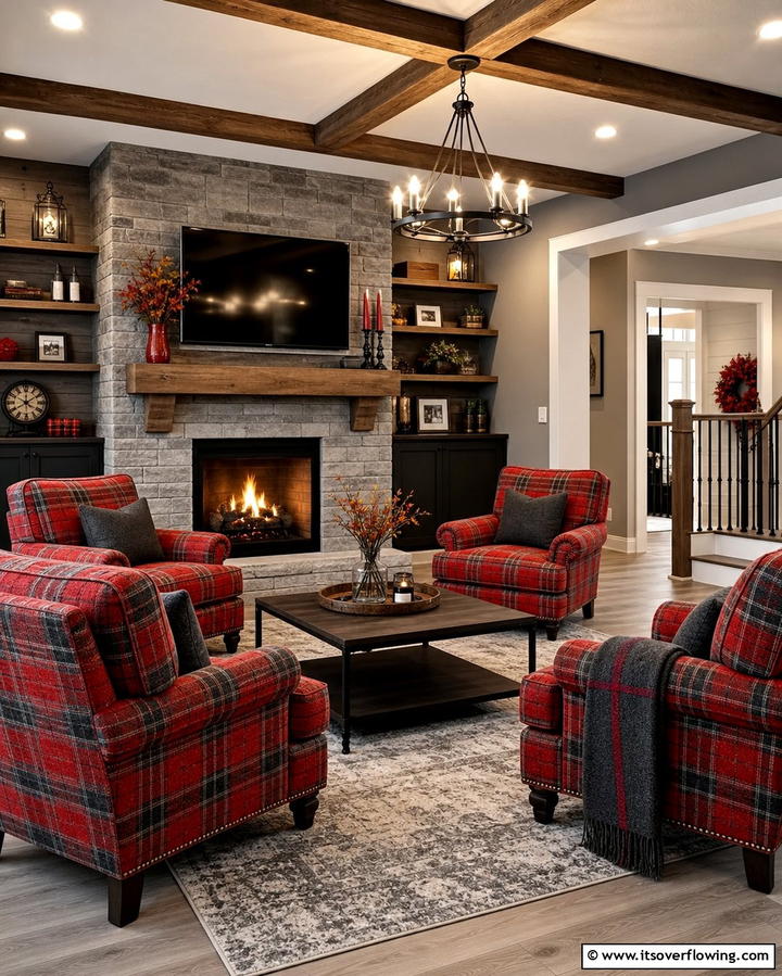 Red and Grey Plaid Upholstery - 25 Red and Grey Living Room Ideas for a Modern Touch