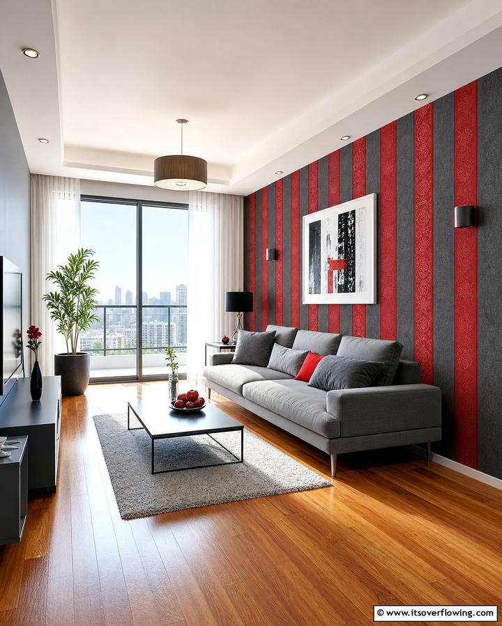 Red and Grey Striped Wallpaper - 25 Red and Grey Living Room Ideas for a Modern Touch