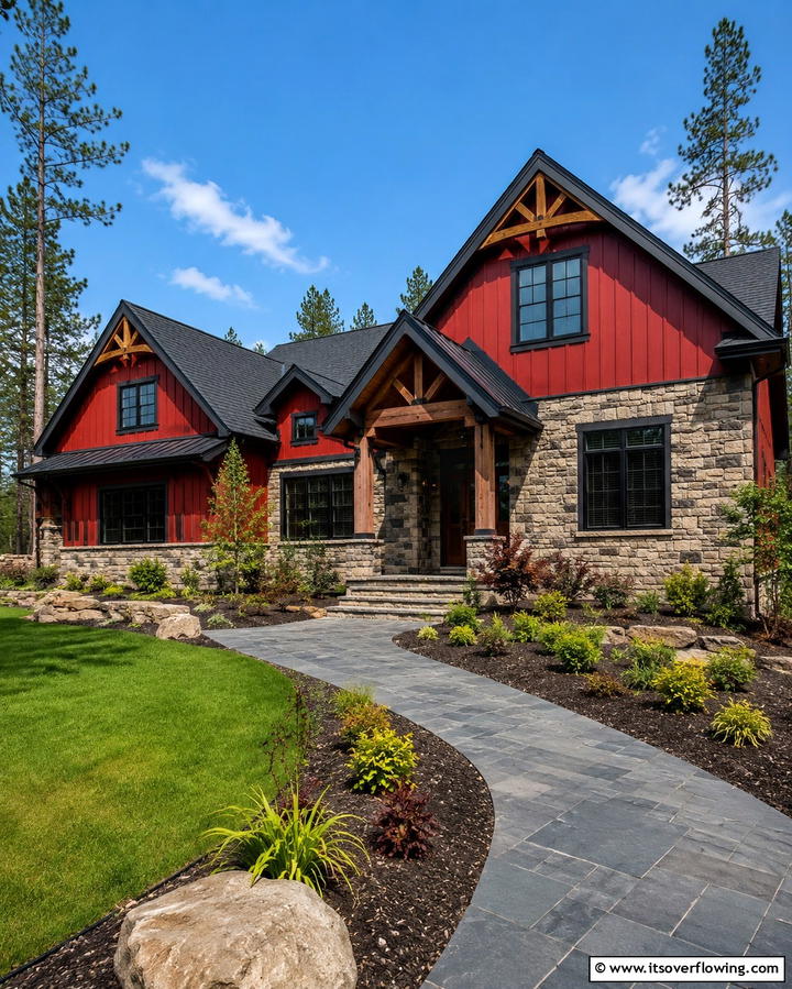 Red and Stone Combination - 25 Red Home Exterior Ideas to Boost Curb Appeal